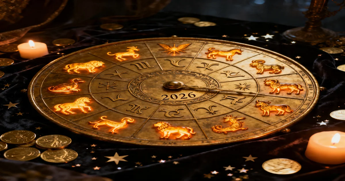 Zodiac wheel with gold constellations against a deep violet night sky