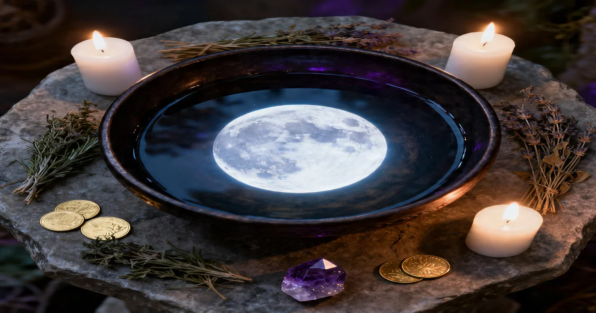 Full moon rising over a still lake with candles and crystals in the foreground