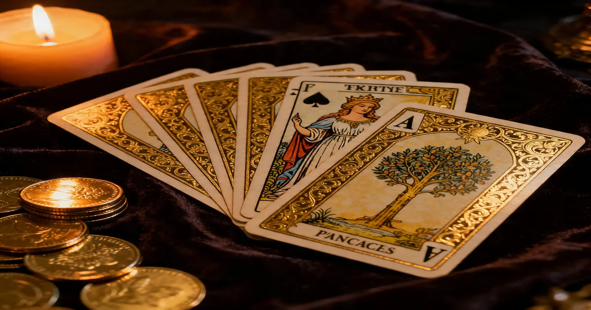 Tarot cards laid out on a dark velvet cloth with gold coins and candlelight