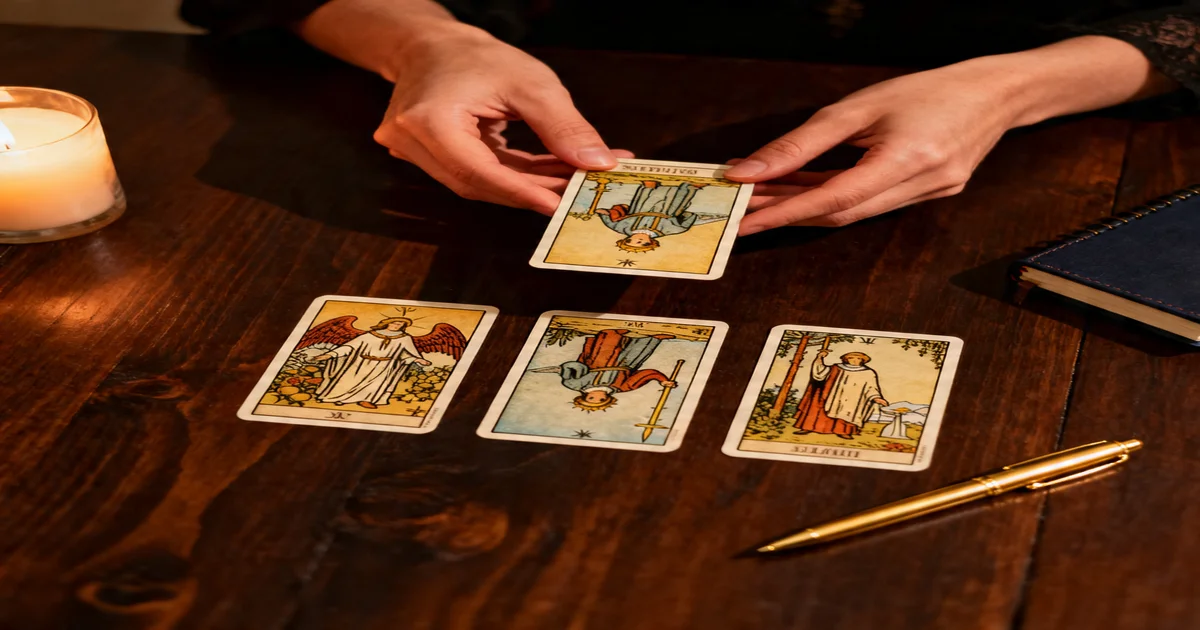 Tarot cards spread on a dark wooden table with candlelight and gold coins