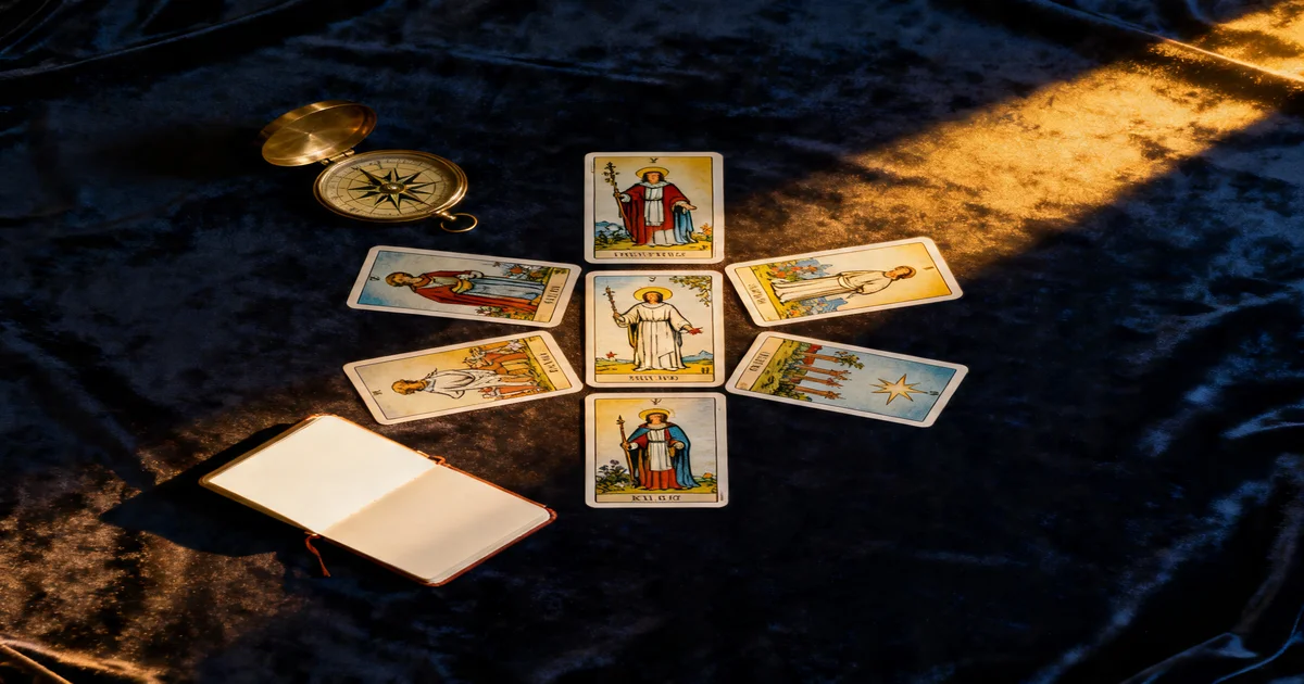 Five tarot cards laid in a spread pattern on a velvet cloth with soft golden light