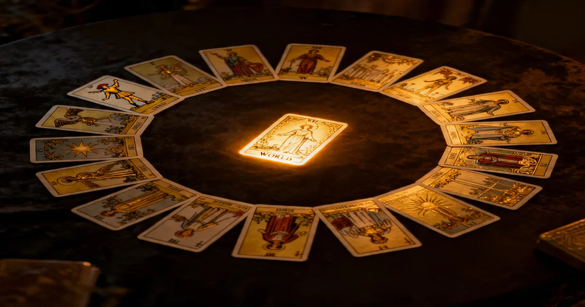 Twenty-two tarot cards arranged in a circle on a dark surface with golden candlelight