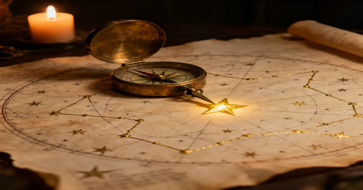 Star chart with glowing north node symbol against a deep violet sky