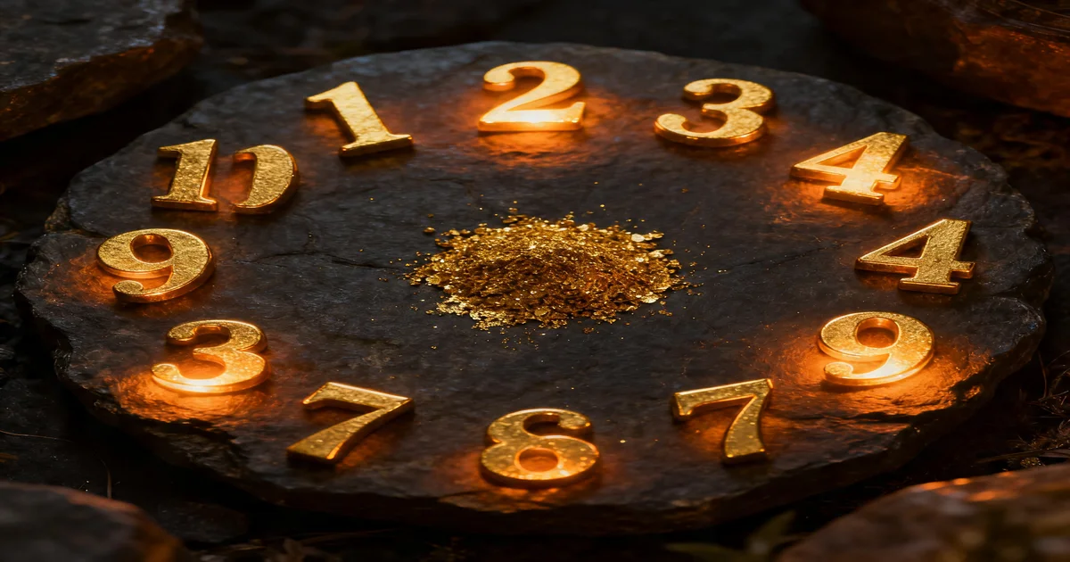 Gold numerology symbols scattered across a dark velvet surface with candlelight