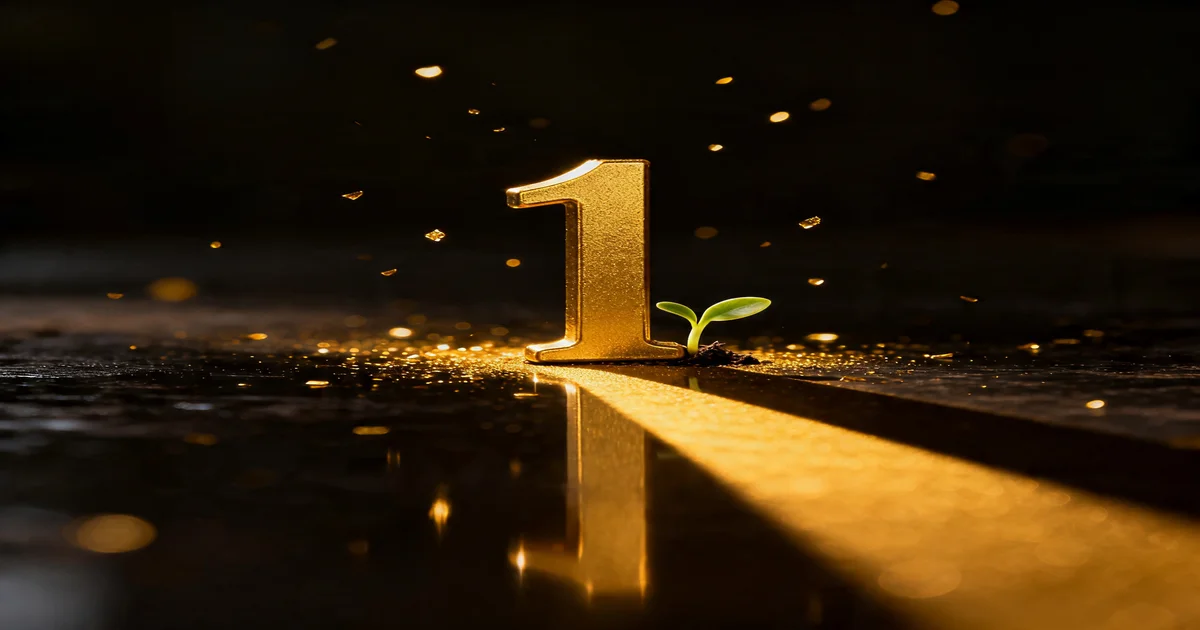 Golden number 1 rising from dawn light over an open horizon, symbolizing new beginnings