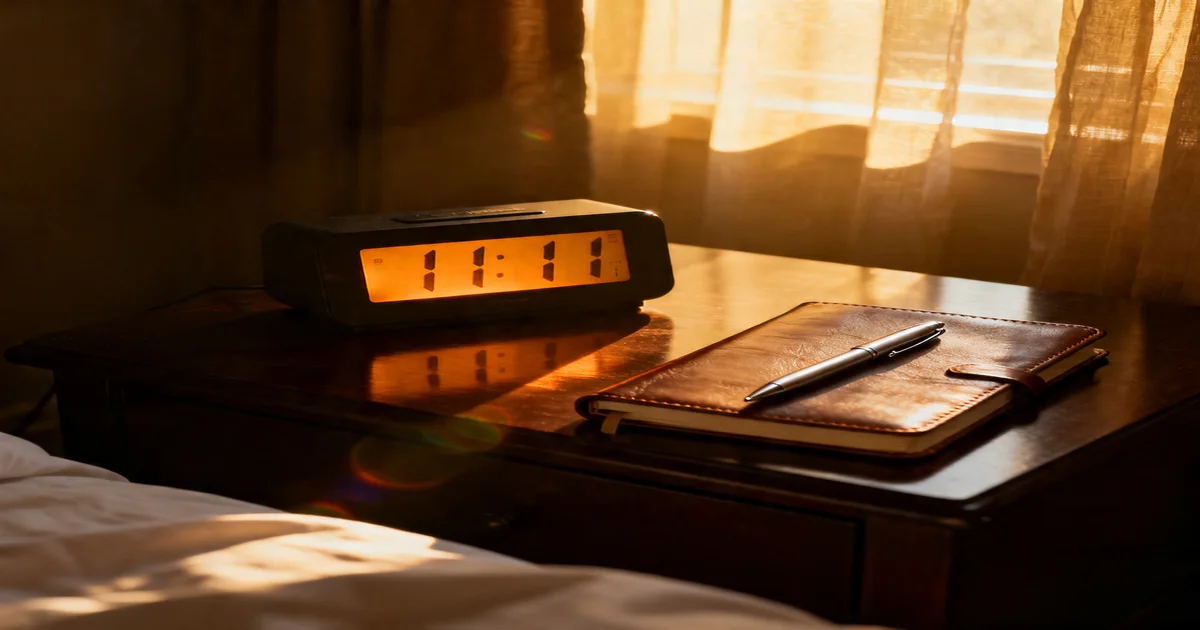 Digital clock showing 11:11 in golden light against a deep violet background