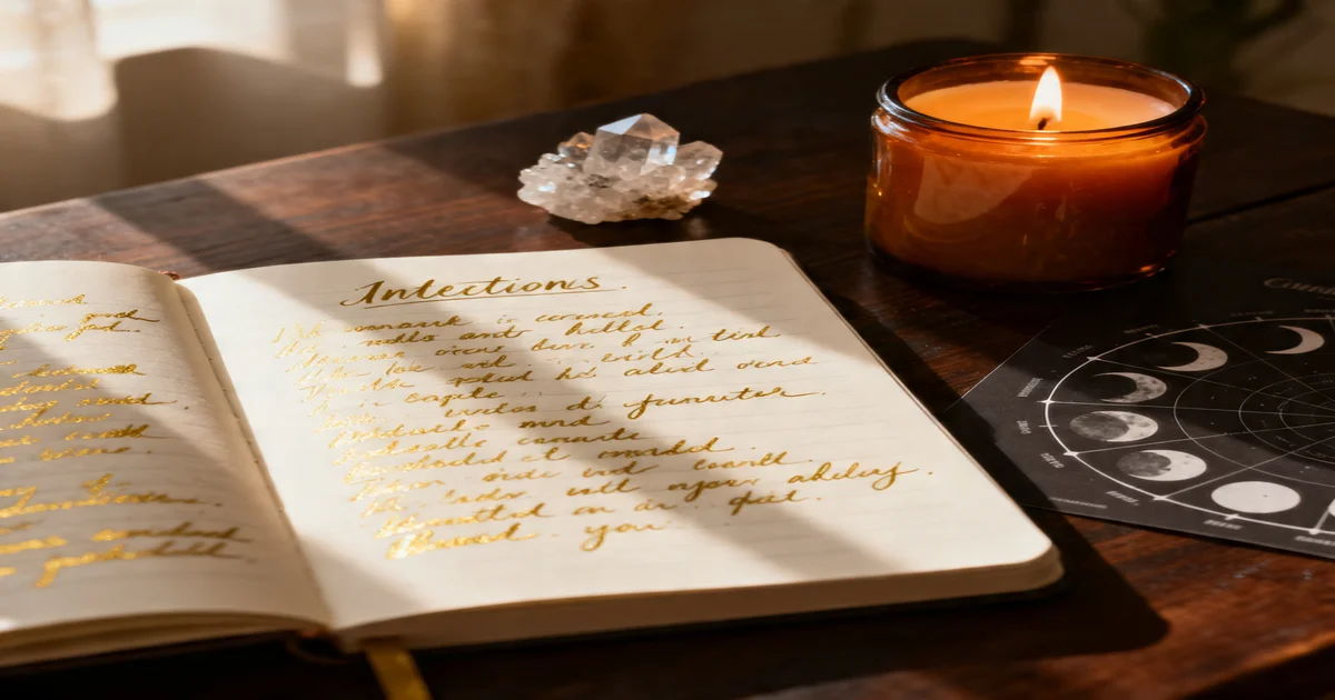 An open journal beside a lit candle and celestial star chart at night, representing intentional manifestation practice