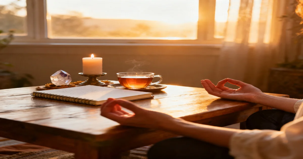 A quiet morning windowsill with a lit candle, open journal, and golden sunrise light streaming through, representing a daily abundance practice
